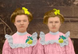 Kittie Lou &amp; Carrie Lou, 1902.  Elmore County, Alabama.  Colorized.
YikesOh my goodness!  As lovely as these girls are, they look a bit like ghosts here.  This is a little unnerving to look at. Yikes. 
(ShorpyBlog, Member Gallery)