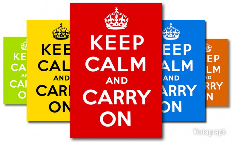 Printed in 1939 by His Majesty's Stationery Office on orders of England's Ministry of Information, "Keep Calm and Carry On" was, despite being run off in vast quantities along with two related posters, never seen during World War II; the event that would have triggered its release -- a German invasion of the British Isles -- never happened. And so the posters, bearing the crest of King George VI, were shredded in 1945, with a small number saved in the archives of the Imperial War Museum. It was not to emerge again until 2000, when a tattered copy was discovered lining a box in a secondhand bookstore in Northumberland.

Since then its alt-appeal has grown to the point where the design has become a full-fledged Internet meme, variations of the "Keep Calm" sentiment appearing on blogs, mugs, T-shirts and posters. Now including this one presented by Vintagraph and printed by Juniper Gallery on a variety of archival stocks in the original red as well as other hues. You will probably not find a nicer version of KCaCO offered in as wide a choice of sizes and colors, with the original typography -- font, proportions and spacing faithfully reproduced. Hang one in your office, den or dorm and you'll find yourself Carrying On with surprising serenity.