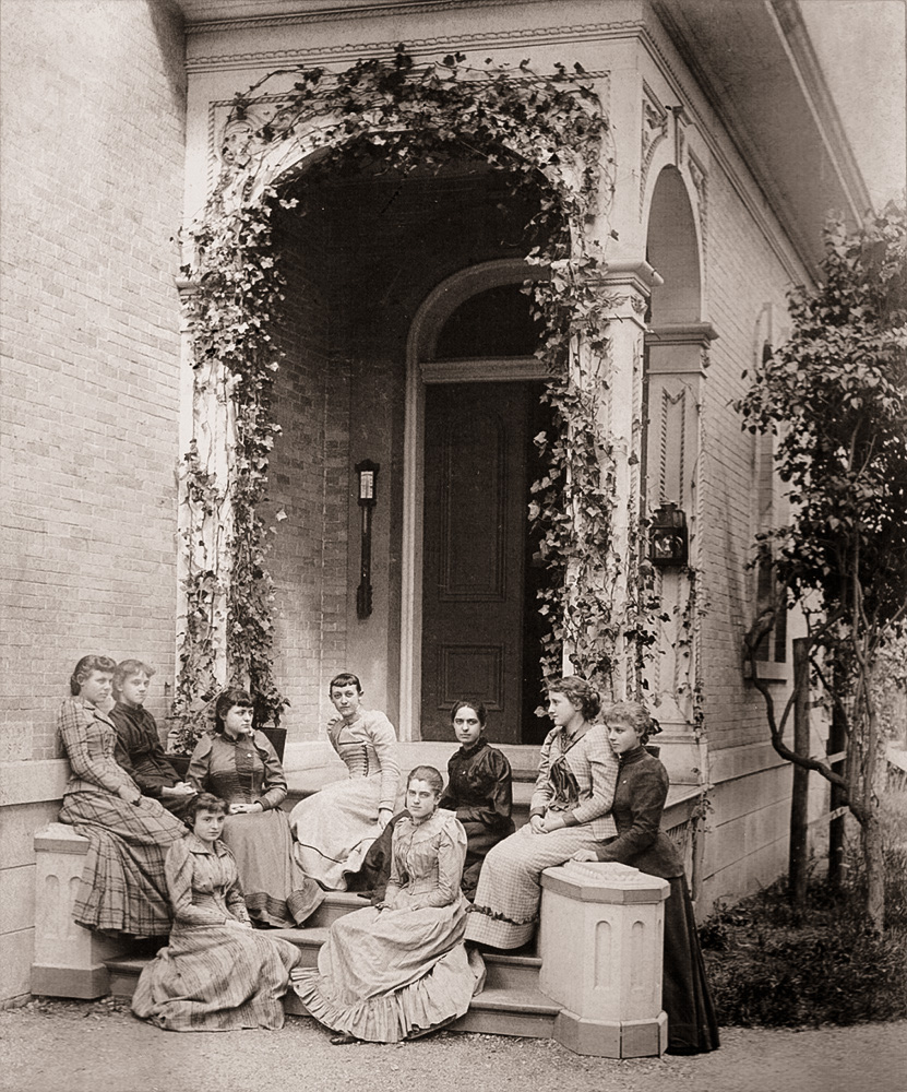 Kemper Hall school for girls, Kenosha, Wis., 1890. At far right is Lucia Relf Kemper, granddaughter of school namesake Bishop Jackson Kemper. Cabinet card, photo by B. La Marsh, Kenosha. View full size