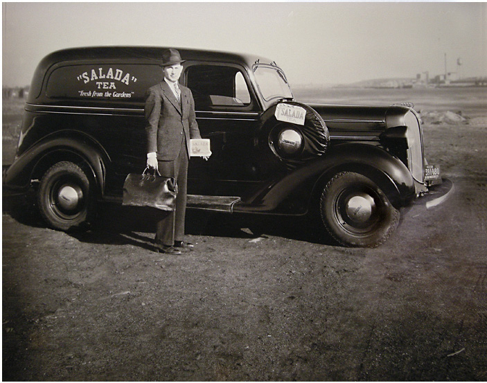 Long Island, NY, ca. 1938. My Dad, Arthur Lax, poses
for a Salada Tea ad for his sales job with the local
franchise. View full size