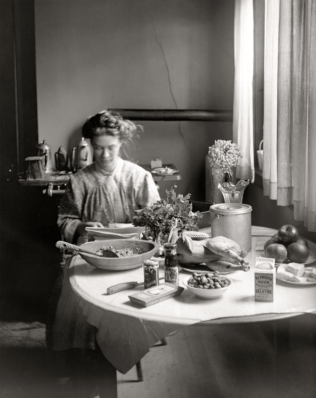 Circa 1910. Mixing up a big batch of "Salmonella Surprise." Scanned from the original 4x5 inch glass negative. View full size.