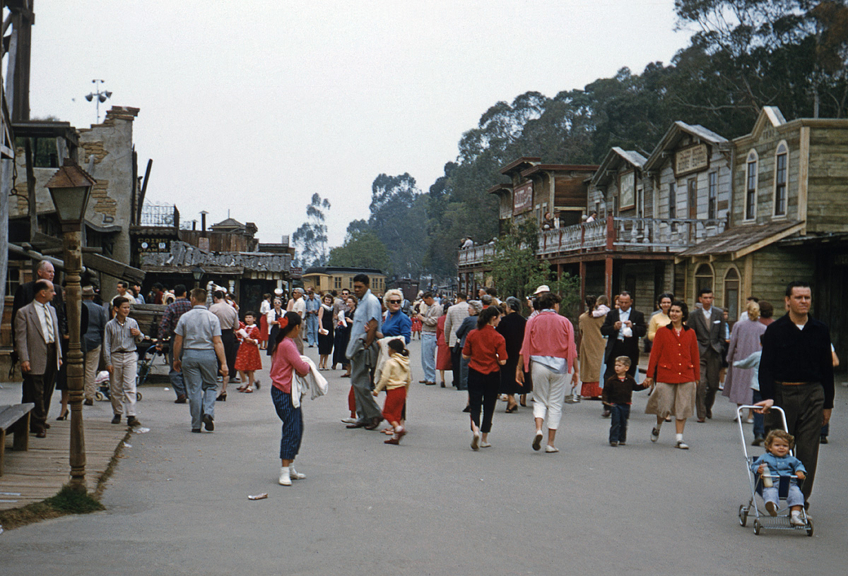How to dress for Knott's Berry Farm, California, on a gray day in February 1958. One of my sister's honeymoon Kodachromes. View full size.