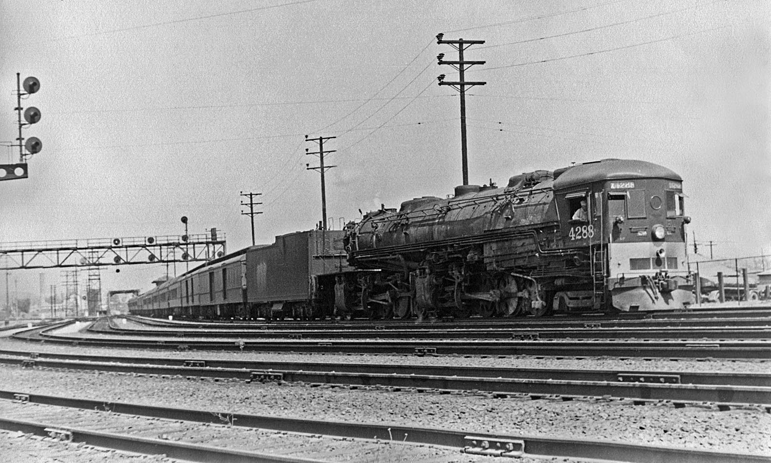 Arriving at Union Station in Los Angeles. Southern Pacific was unique in its use of the massive cab-forward design, intended to keep crewmen cooler and awake while traversing the numerous tunnels on many of the Line's routes.  

The picture is from the late 40s or early 50s. 

Photographer: Don Hall, Sr.

Don Hall
Yreka, CA