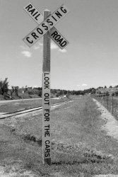 Back in my hometown in the 50's, a train crossing. View full size.
(ShorpyBlog, Member Gallery)