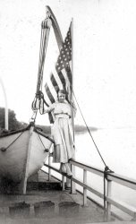 Louise Boettger, Dewey Beach docks, 1916. From the photo albums of Louise Boettger (Sluser) dated from 1915 to 1917 and a few others from the mid-1920s. Fun and whimsical snapshots and poses, Bradley University students, automobile excursions, Dewey Beach in Peoria, Illinois, boat rides and vacation trips to California and Colorado.
Louise Boettger Sluser (Nov. 2, 1897 - March 5, 1994). Born Nov. 2, 1897, in Peoria to Robert and Anna Vonachen Boettger, she married Miles B. “Bert” Sluser on Feb. 22, 1923, in Peoria, Illinois.
(ShorpyBlog, Member Gallery)