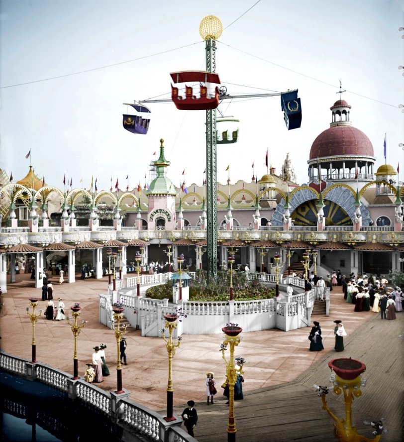 Coney Island, New York, circa 1905. "Whirl of the Whirl, Luna Park." 8x10 inch dry plate glass negative, Detroit Publishing Company. (Colorized) View full size.
