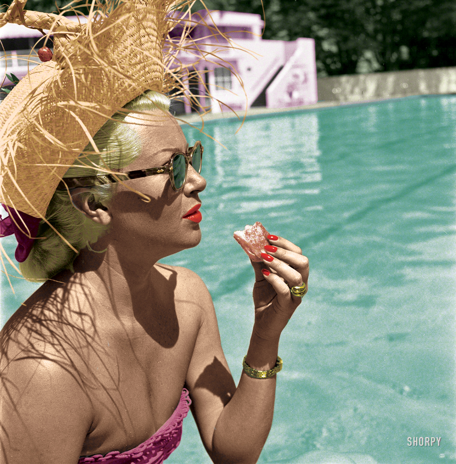 Colorized from this Shorpy original.  Again using the new auto masking in CC means getting closer to the edge.

And I love this picture. I used the other color photo of her after lunch to get the colors right (the bathing suit for example.) View full size.