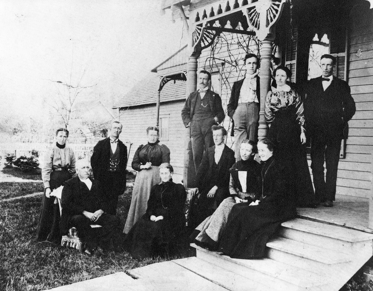 This was taken on the family farm near Sidel, Illinois in 1899. The photographer, Luther Manning, is in the center, hands in his pocket, looking directly at the camera. He was a professional photographer, working out of Danville, IL at times, and took other pictures of my ancestors. The oldest couple seated are my GG-grandparents. I have a list of who is who in the picture but won't list all the names here. Soon most of these people left east central Illinois for Iowa and norther Indiana to join other farming parts of the family. View full size.