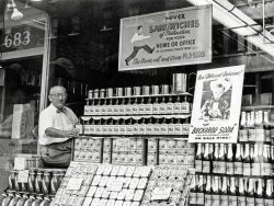 No information on this photo I just purchased on eBay. A grocery or deli somewhere with a big display of Cock 'n Bull Ginger Beer and Buckaroo Soda. View full size.
A job for StalloneThe Dover Delicatessen was located at 683 Lexington Avenue in New York City.  Sylvester Stallone worked here while he was in acting school and delivered sandwiches around town as well, like the sign says.
That&#039;s why I love posting on Shorpy...You get great inside information from Shorpy followers!
(ShorpyBlog, Member Gallery)