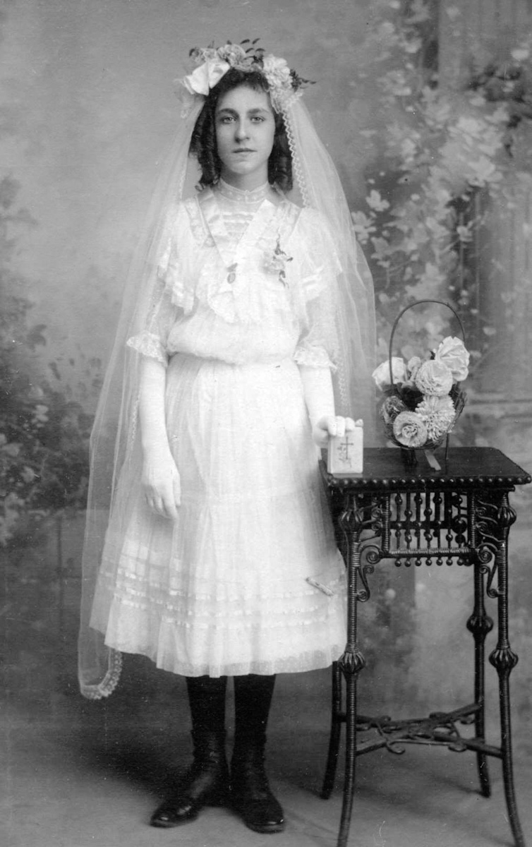 This photo was taken in Brooklyn, Kings, New York, circa 1894. This is a photo of my grand aunt, Mary MacIntosh née Langdon (Langdon at the time of the photo), commemorating her church confirmation. View full size.