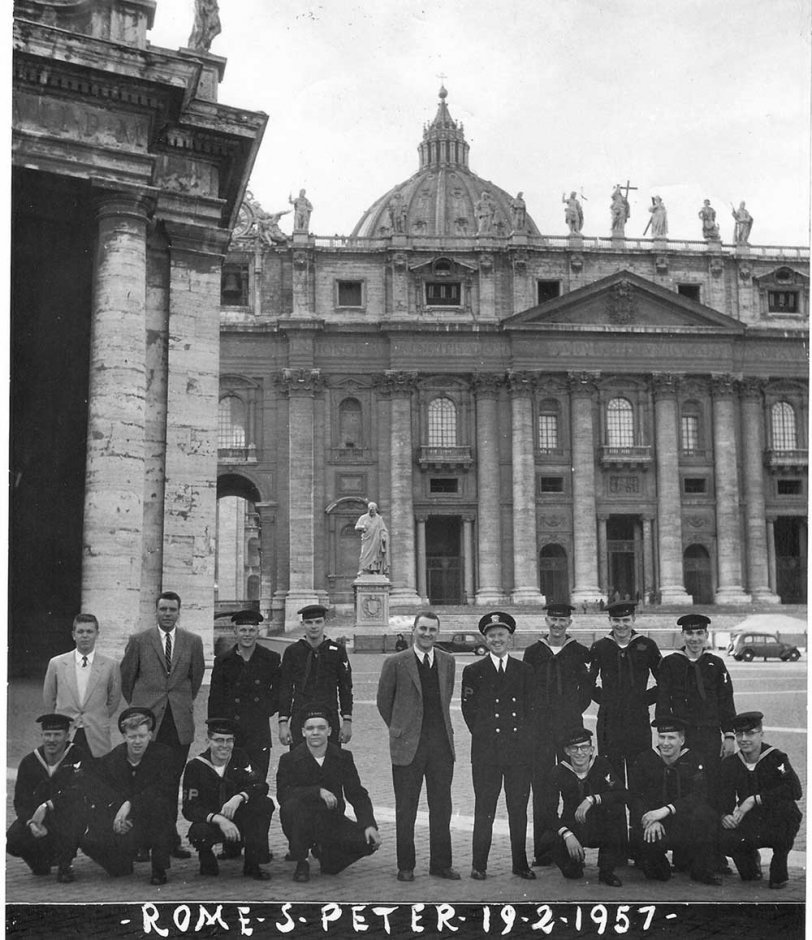 A short trip to Rome with an organized tour. Our US Navy ships were docked at Taranto Italy and a 300 mile train ride got us here. Front row, third from left is yours truly (urcunina).  I have not been in contact with any of these guys until recently when the third from right contacted me and sent the picture. The only other one I can name is first row, far right. The average age here is about 23. Three not in uniform are officers, and one is in uniform with the SP armband. Shore Patrol. I imagine that there were many of these tours and photographs made over the years. 
Anyone remember being there? View full size.
