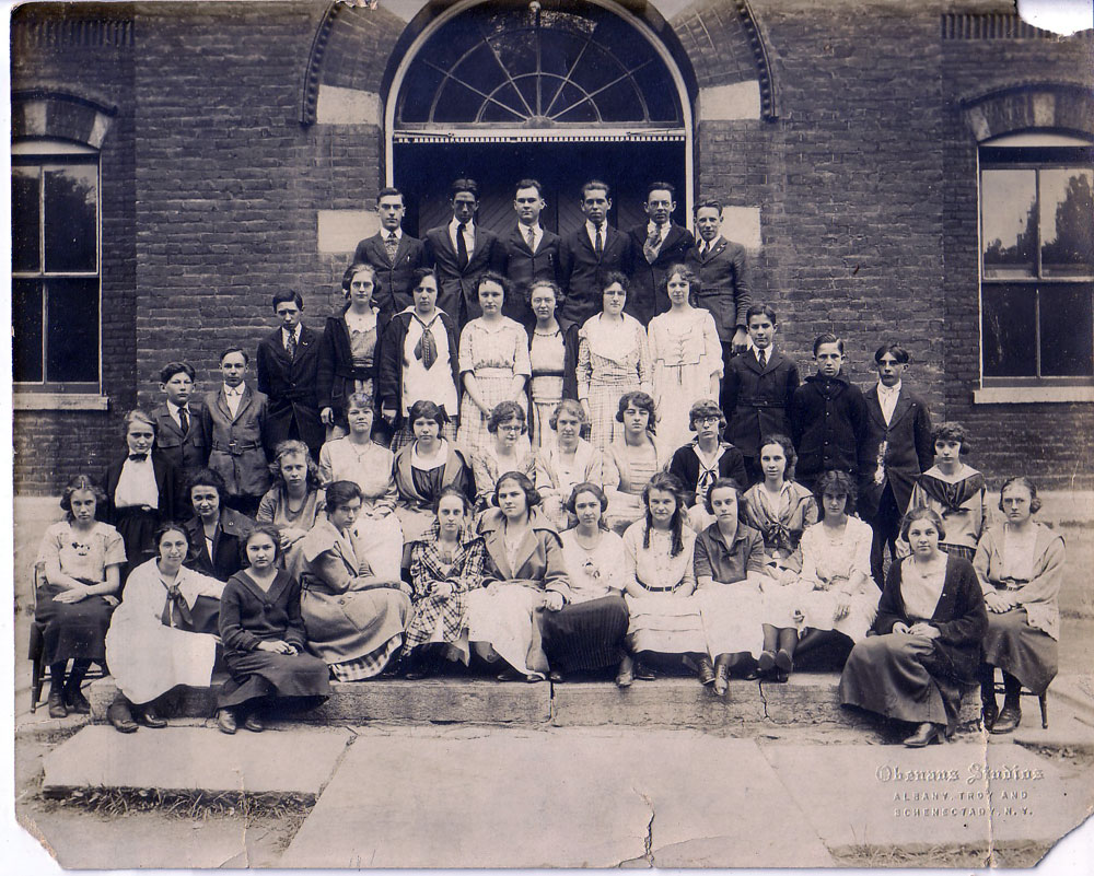 Middleburg, NY, high school class, about 1921. My father, Clinton L. King, is on the left in the lighter colored jacket. View full size.
