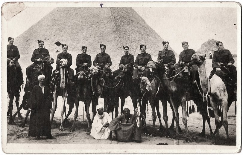 The Middlesex Yeomanry (British Army) at the Pyramids at Giza, Egypt, 1941.  From home of Charles Lander (fifth from left) (see Lander Family archive). View full size.
