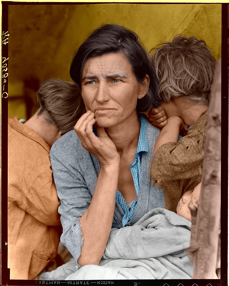 This is the coloration of Dorothea Lange's iconic 'Migrant Mother' photo. The stark reality of Dorothea's original photograph is actuated by the addition of color, which I think brings out detail not apparent in the black &amp; white original. View full size.
