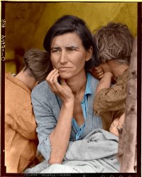 This is the coloration of Dorothea Lange's iconic 'Migrant Mother' photo. The stark reality of Dorothea's original photograph is actuated by the addition of color, which I think brings out detail not apparent in the black &amp; white original. View full size.
Just not the sameVery good job, I like it. Just not the same feeling to it as in the B&amp;W.  
Awful. Leave it alone.This is sacrilege. How about I come over to your house and spraypaint your white car purple? If you have any respect for the artist--keep your hands off. If you want to express yourself creatively, create your own work. 
Doesn&#039;t do it for me.This is why some photographers still use B/W. Colour dilutes the drama.
Fantastic.   Keep it up.Oh how I love the over-the-top expressions of outrage!
Kenny, this one is very cool.  I would really have trouble identifying this as a colorized photo.
I enjoy the highly stylized colorizations that hint at tinting or the idiosyncrasies of early color film.  But this one really stands out for its stunning realism.  Thanks.
I AgreeI do agree that some images lend themselves to colourising &amp; some do not.  This one falls into the "do not" category.
As for colourising in general, the skintones in particular are very flat - for a more natural result, have you thought about using a gradient map adjustment layer?  In conjunction with painting in subtle colour graduation, I use them for skintones, hair, etc when colouring b&amp;w images.  It removes that flatness &amp; artificiality.  I also find that your skintones are often too saturated &amp; peachy.
La belleza de la tristezaQue tristeza en su mirada perdida, que foto mas significativa, toda la pena del mundo , su hambre y necesidad a cuestas, con sus niñas siempre a su lado
¿alguien sabe que le ocurriò a ella y sus niñas?.
Miles de Doroteas circulan cada dìa por Sudamerica y USA, y nunca las vemos, son invisibles a nuestra mirada, y aun asi Ds nos pedira cuentas de todas ellas, de las miradas que no quisimos ver, del hambre que no mitigamos, del pan o la moneda que negamos, de la puerta que cerramos en las narices, de todas las faltas de oportunidad que negamos.
Actualmente la  crisis hace aparecer Doroteas, desempleadas, que deben alimentar a sus hijos. Ojala nos sirva de leccion esto y seamos mas sensibles al dolor humano.
&quot;Dorothea&quot;Here an "o", put it where you want.  Sometimes your fingers get ahead of your thoughts and you miss your mistakes.
Hey You are Pretty Good!Shame about the "artistic" overtures. As long as the orginals are intact I fail to see a problem with your "talent" being exhibited here. I've seen both, and both pieces of work have merit. I like it.
NiceI like it in color.  It makes you realize those people are just like us - not from another world where everything is b/w.  
Missing the messageSomething about putting this in color takes away from how I've always seen it. Technically, the coloration is alright, but it shouldn't be done on this photograph. It's like if Picasso had painted the Old Guitarist with something other than blue. It's just not the same.
So much more impactful in B&amp;WThis is a prime example of why things shouldn't be colorized.
(ShorpyBlog, Member Gallery, Colorized Photos)
