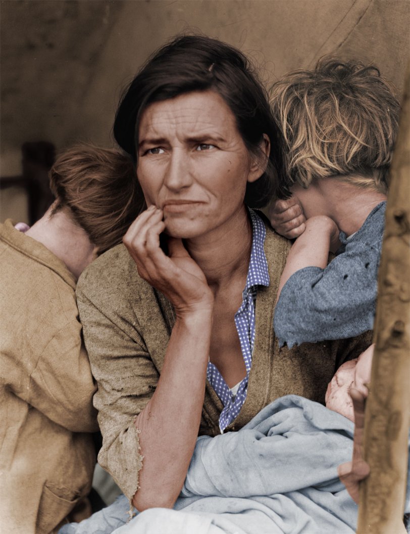 I'd been wanting to colorize the Mother of All Dust Bowl Photographs, by Dorothea Lange, for some time and finally got around to doing it for a contest on Fark. View full size.
