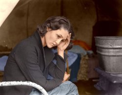 This is a colorized version of Dorothea Lange's 1937 photograph of an 18 year old mother from Oklahoma in a California migrant workers camp.  The colorization seems to magnify the harshness of her life, i.e. her hand and the vacant sadness of her eyes.

You can't help but wonder if her life improved with the lifting of the Depression.  What happened with her children and grandchildren? View full size.