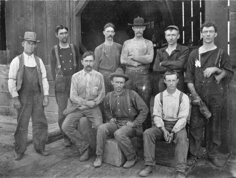 This is a photo of a group of workers at a mine in Angels Camp, California, sometime before 1930. One of the guys is my wife's great uncle, Earl Chapman. View full size.
