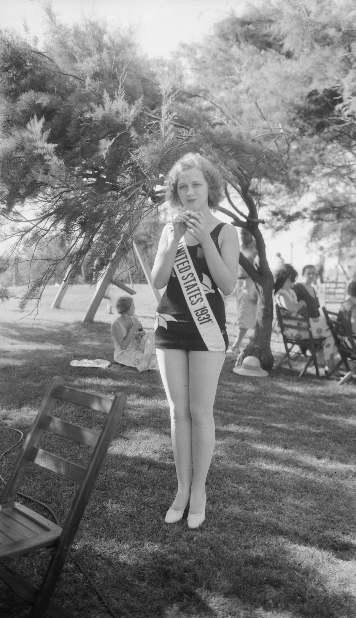 Anne Lee Patterson (Miss Northern Kentucky).  She won her title in Galveston, Texas. Actress Dorothy Lamour was her first runner-up.  She then went on to take second place in the 1931 Miss Universe pageant and joined the cast of the Ziegfeld Follies 1932 revival of “Showboat”.  Scanned from the original Eastman Kodak nitrate negative. View full size.
