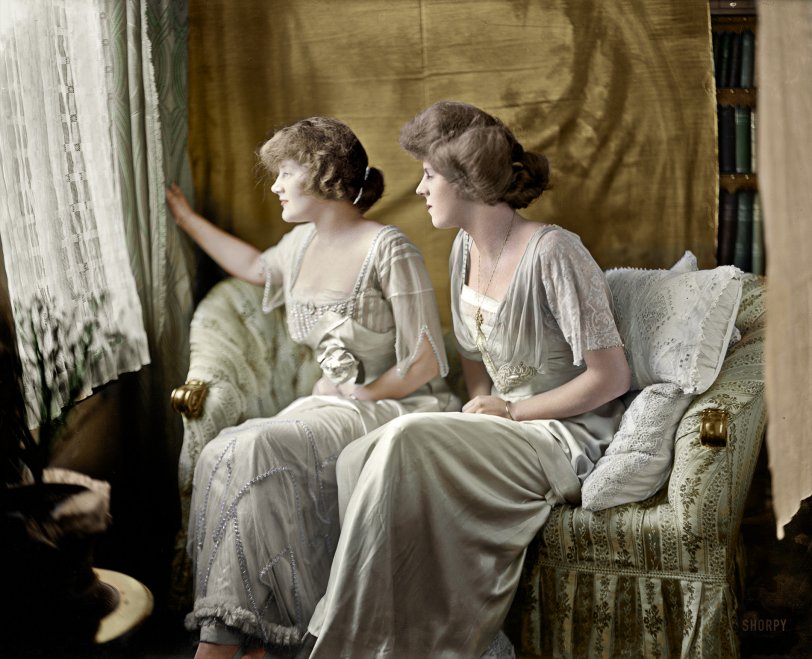 Colorized from this Shorpy original. Marion on the left was the younger daughter of the former president, Grover Cleveland. Her older sister Esther attends her in this pre/post wedding photo. View full size.
