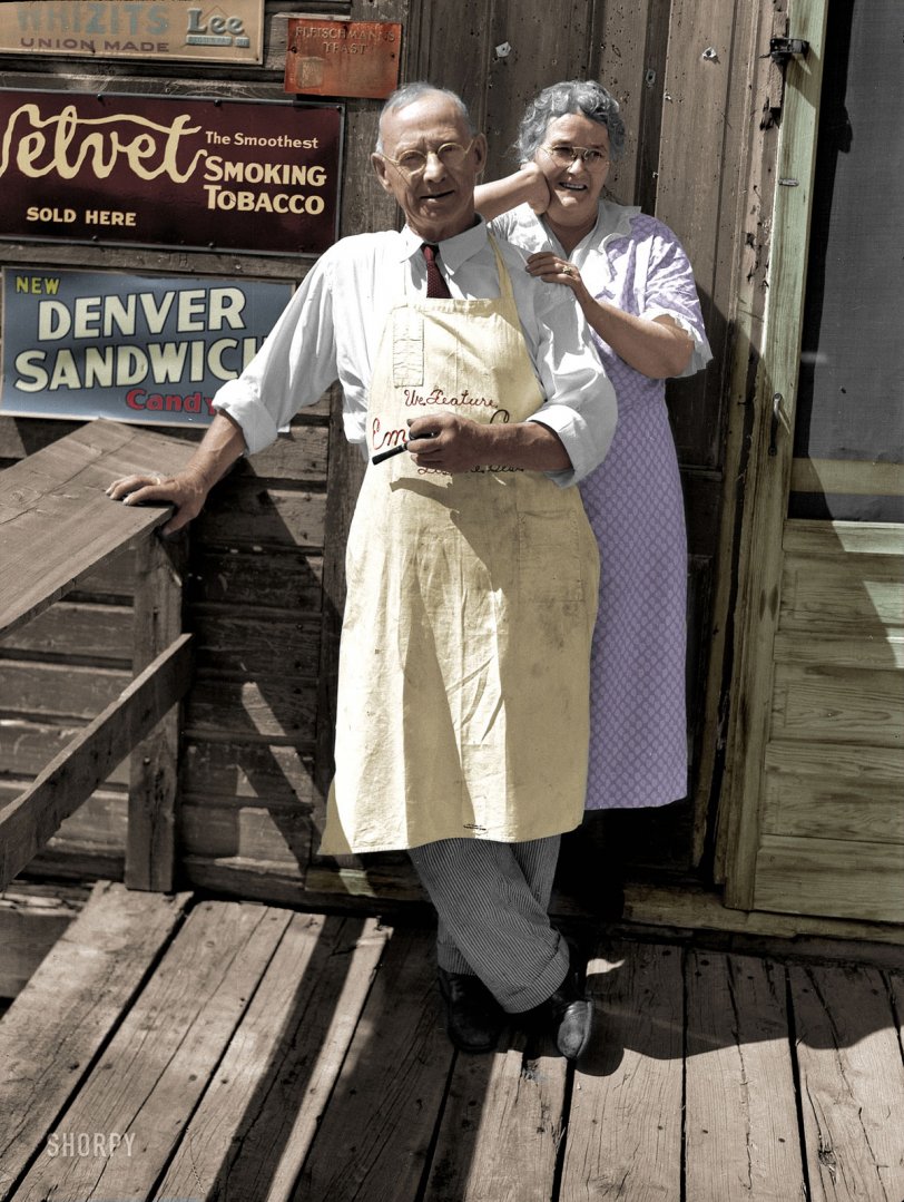 August 1937. "Storekeeper and wife in front of their store at Section 30. 'Bust' iron mining town near Winton, Minnesota." View full size.
