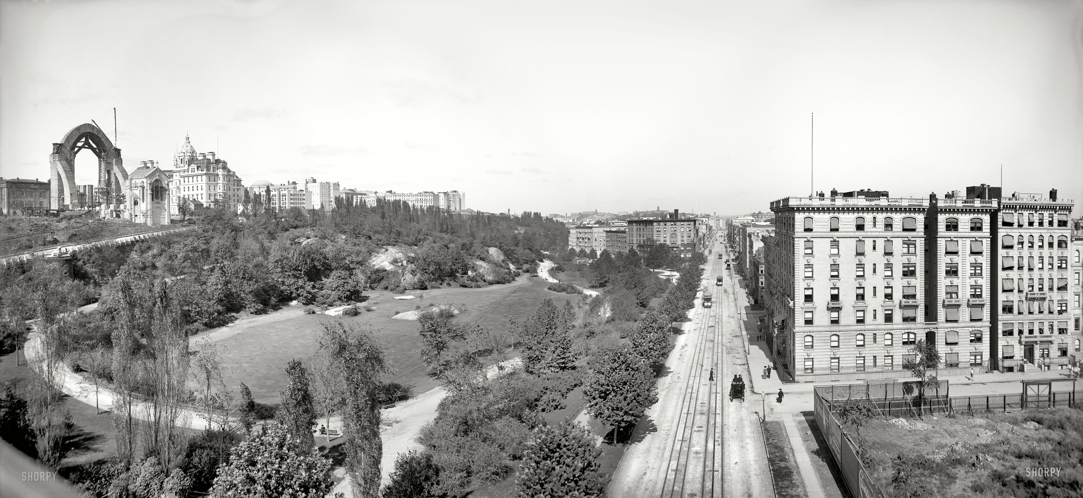 New York circa 1904. "Morningside Park, Cathedral of St. John the Divine under construction." Panorama made from two 8x10 glass negatives. View full size.