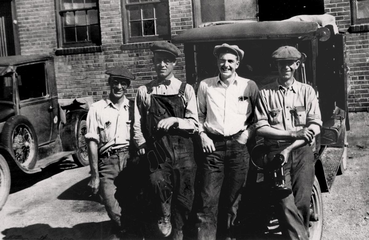 In 1929 my dad went to work for Rocky Mountain Bell Telephone in Cheyenne, Wyoming. He apprenticed with their formidable senior installer, who had worked for Alexander Graham Bell to install Cheyenne's first telephone system in 1881. This photo was taken in 1930 in the the Cheyenne company yard, and my dad is third from the left, aged 21. He stayed with Bell for 28 years, as an installer and lineman in Cheyenne and Casper, and, after the war, in San Diego. Linemen in the Rockies had hard lives. Dad told of having to dig down as much as 30 feet in the snowdrifts to free the phone lines south of Casper during blizzards, lines that were at the top of 70-foot poles. View full size.
