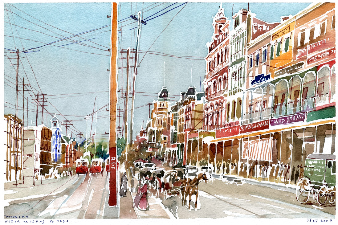 Nueva Orleans c. 1890. No sé si los tranvías eran rojos o verdes. View full size.