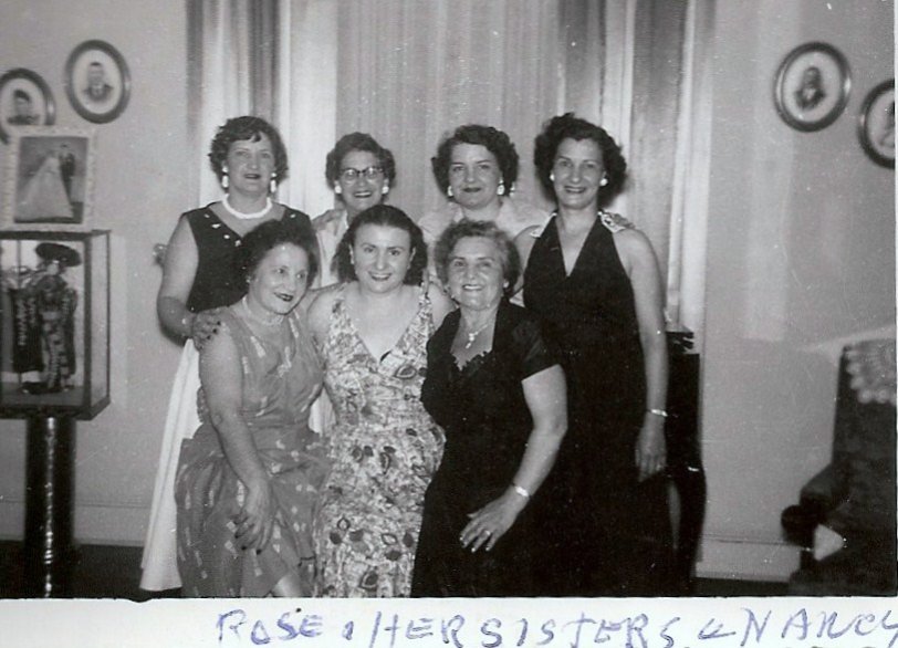 Nancy D'Alesandro (lower right) is my Aunt Rose's (2nd from left, top row) Godmother and was next-door-neighbor in Little Italy, Baltimore. This is about 1939 when the D'Alesandro Family (Nancy Pelosi's parents) frequently threw neighborhood wedding and baby showers in their large club basement (a corner row house) on Albermarle St.  Tommy D'Alesandro was a congressman and then a well-loved Mayor of Baltimore. View full size.
