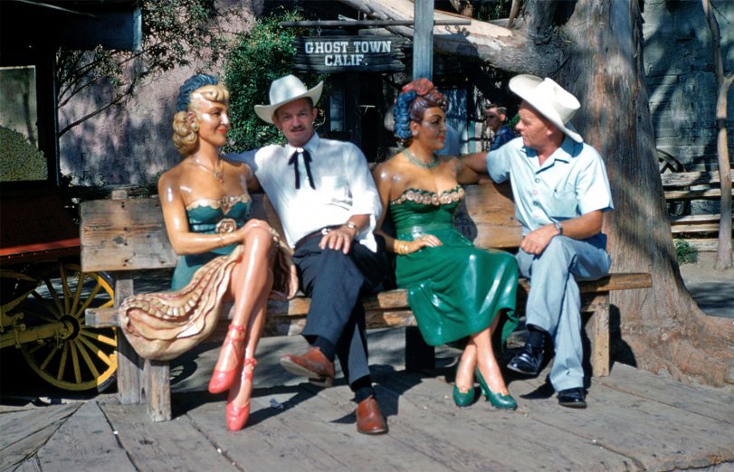 Knott's Berry Farm, Buena Park, California, c. 1961. My father-in-law Woodrow is decked out is full western style bolo tie and hat. Kodachrome slide. View full size.
