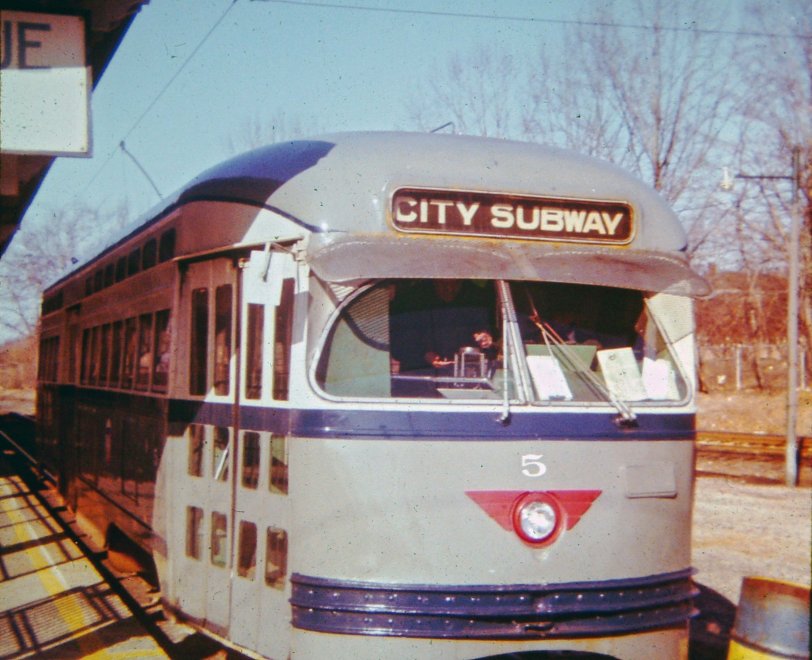 Newark City Subway PCC car, circa winter 1974. Franklin Avenue Loop. The subway line has since been extended. These cars were first used on the system in 1946. View full size.
