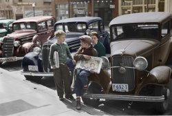 April 12, 1936. Colorized version of newsboys in Jackson, Ohio. 35mm nitrate negative by Theodor Jung for the Resettlement Administration. View full size.