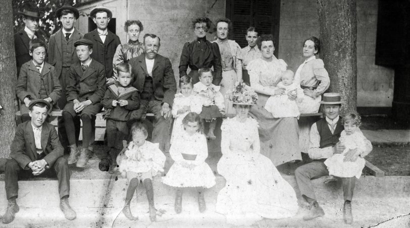 This is a family shot, taken circa 1900, in Niagara-on-the-Lake, Ontario, Canada. At the time, the "clan" operated a successful cannery (Union Jack brand, "one grade only, and that the best") that processed all varieties of local fruits and vegetables, including peaches, pears, cherries, strawberries, tomatoes and waxed beans. My grandfather is second in from the left, middle row. He looks to be dreaming about something - I think I take after him. View full size.
