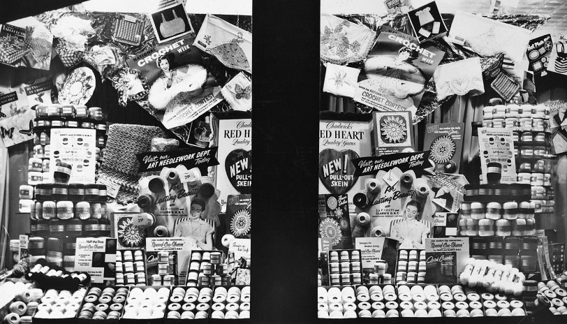 Another view of the Sew and Save window display from Lendzion's 5¢ and 10¢ store in Hamtramck, Michigan in the 1950s.  My great-uncle managed the store from around 1946 to 1965. View full size.
