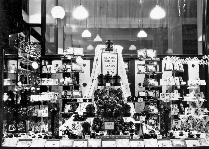 A Valentine's Day window display from the 1920's from an F.W. Woolworth store in northwestern Ohio. My great-uncle managed this store. View full size.
