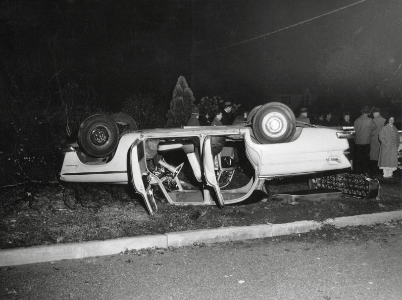 The result of teenagers bar hopping, November 1959. Stewart Ave at Jefferson Street, Garden City, NY. Of the 5 of us in the car, I was the only one hospitalized. View full size.
