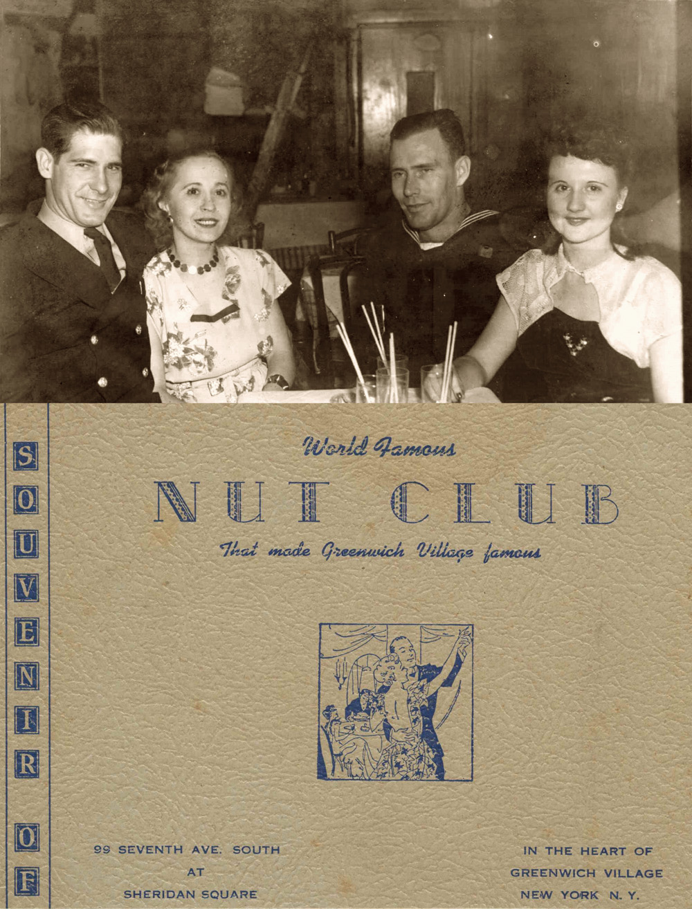 Circa World War 2. Chief Petty Officer James Watson (on the left), enjoying the delights of the world famous Nut Club. The identities of his shipmate and the lovely ladies remain a mystery. I notice the lovely lady on the right is wearing a type of "V for Victory" brooch. View full size.