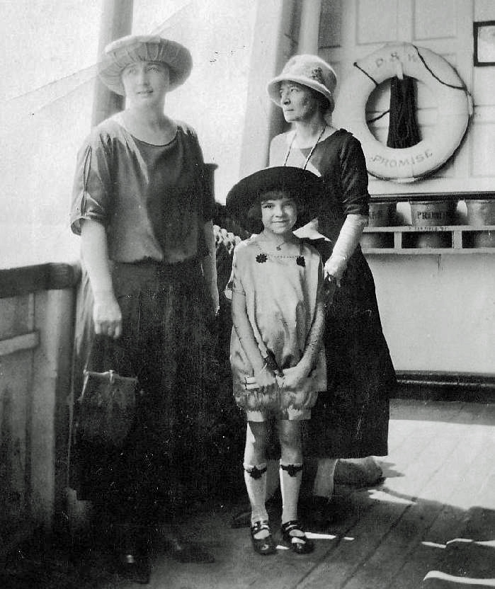 Before the Ambassador Bridge and the Detroit/Windsor tunnel were built in 1929, ferry boats ran between these two international cities on the Detroit River. Here's my grandmother, her sister, and my aunt Dana on the D&amp;W ferry boat "Promise" in 1924.  Note the name on the life preserver. View full size.
