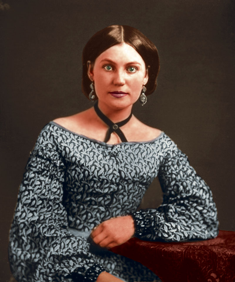 Tinted version of "Miss Ohio 1850" portrait found here at Shorpy. The portrait is beautiful in B&W and color was added using Photoshop "curves" function on multiple layers as a project for a Photoshop editing class. Skin tones might be a little too red for some. View full size.