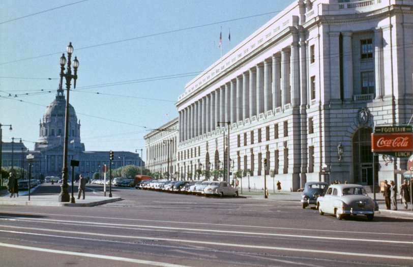 An early color slide of my father's of the San Francisco City Hall, taken from what I think is the present-day United Nations Plaza. The slide itself is labeled simply "FOB-SF", which appears to be the old "Federal Office Building". Judging from the cars and where this photo fits in the collection, I think this one dates from 1954 or 1955. View full size.
