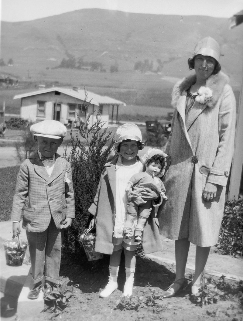 Ready for church and an Easter egg hunt, my dad Don poses along with his sister Margaret and mother, Cara Skinner. Taken by my grandfather, W.W. Skinner, in San Luis Obispo, CA, c. 1926. View full size.
