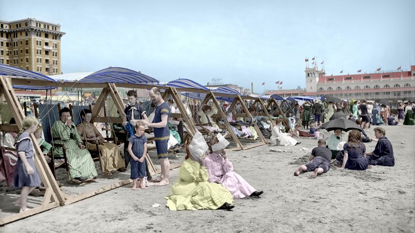 This is the third in my Atlantic City series (and my third colorized photo). The original is here, cropped to fit my monitor: https://www.shorpy.com/node/7662.
It is amazing how time consuming colorizing photos can be.  The image took somewhere between 20 and 30 hours to colorize, spread out over a week or so. View full size.

