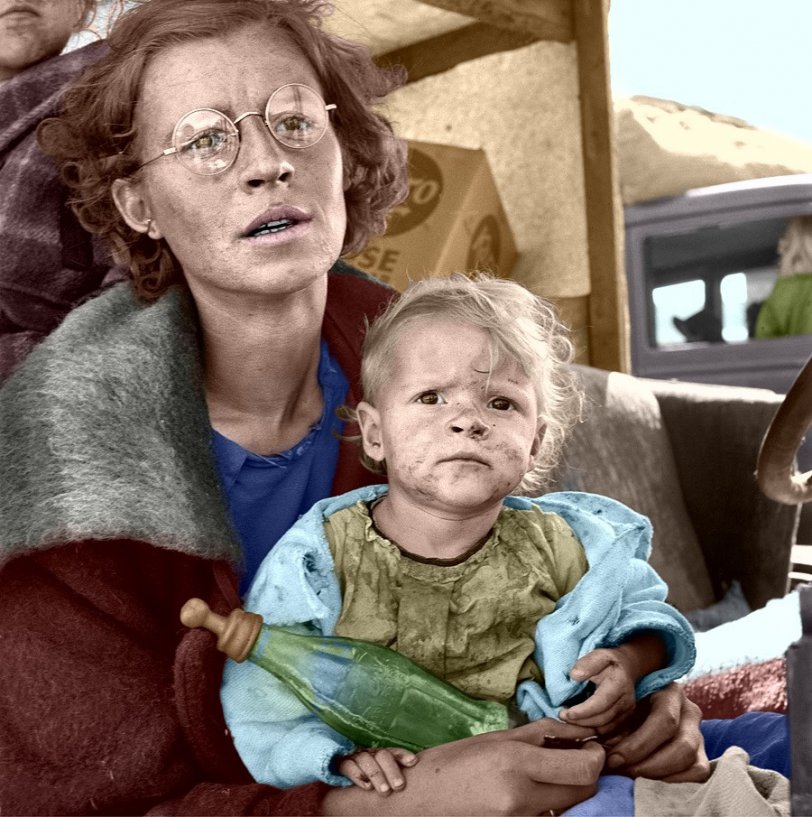Colorized from Shorpy's files. On the road with her family one month from South Dakota. Tulelake, Siskiyou County, Calif. September 1939. Photograph by Dorothea Lange. View full size.
