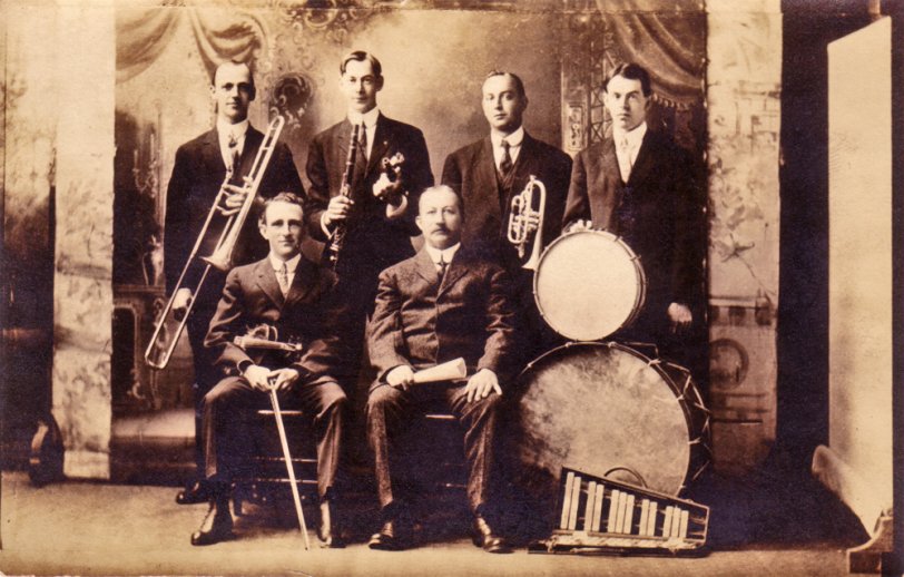 The Osborne-Tyler Orchestra, 1919. Seated, Frank Snow, ____ Osborne (piano). Standing, Carl Starkey, Frederick Harold Tyler, Floyd (Spillaker) Mason, Leo Tyler.

