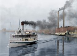 Toledo, Ohio, circa 1912. "White Star steamer Owana leaving for Detroit." 8x10 inch dry plate glass negative, Detroit Publishing Company. Colorized. View full size.