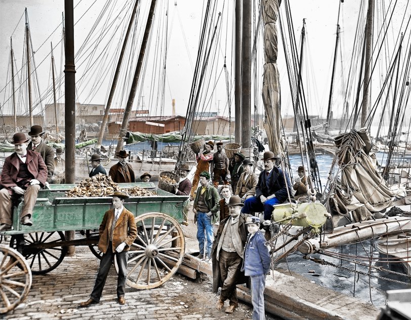 Colorizing challenge from Detroit Publishing via Dave here at Shorpy.com. Great looking characters at the pier in Baltimore. View full size.
