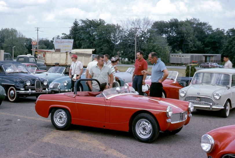 My dad entered and often won economy runs with his MG Midget. He would modify it for the events and then convert it back to his daily driver. Mansfield, Ohio 1962. View full size.

