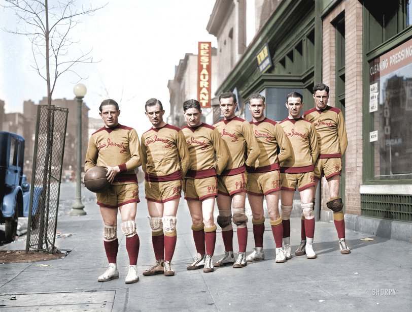 Colorized image from Palace Hoopsters. No-one seems quite sure of the correct colours so I've gone with a gut feeling. View full size.
