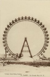 Look closely at the cars on the Ferris Wheel.  They're huge--like small train cars almost--exactly what I imagined the cars on the original Ferris Wheel looked like at the 1893 World's Fair in Chicago.  This Ferris Wheel appears to have been located in Paris, according to the writing on the bottom of the photo.  I can't be absolutely positive, obviously (if anyone just so happens to be sure of the location, please let me know).  According to my estimation (some of the cars are obscured by the building at the bottom), it even has 36 cars, like the original Ferris Wheel.
I read in The Devil In The White City (a fantastic book by Erik Larson) that each of the cars on the original Ferris Wheel weighed 13 tons, bringing the total to about 1 million tons.
Grande Roue de ParisThe Grande Roue de Paris was a 100 metre Ferris wheel built in 1900 for the Exposition Universelle world exhibition at Paris, France. It must have been bigger (328 ft) than the original Chicago Wheel (264 ft). The cars were indeed huge, they were used as homes for French families in the region devastated during WW I
That was actually hereI actually have found no reference to families relocated in the cars (capable of lifting 30 persons) during WW1.
Exploitation has been a financial disaster, and it has been removed in 1937.
Some 50' then 70's buildings have been built there.
You can imagine where the wheel was using those pairs of photos:
http://parisavant.com/index.php?showimage=1337
and there
http://parisavant.com/index.php?showimage=2100
(ShorpyBlog, Member Gallery)