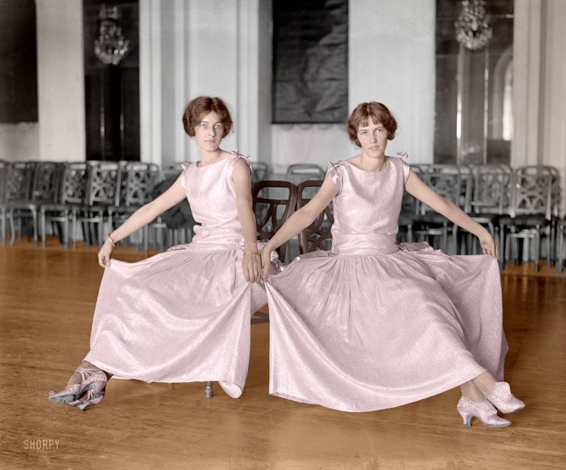 Colorized from Shorpy's files.  October 15, 1923. Washington, D.C. "Dorothy Mondell, Elizabeth Taylor Jones." National Photo Company Collection glass negative. View full size.
